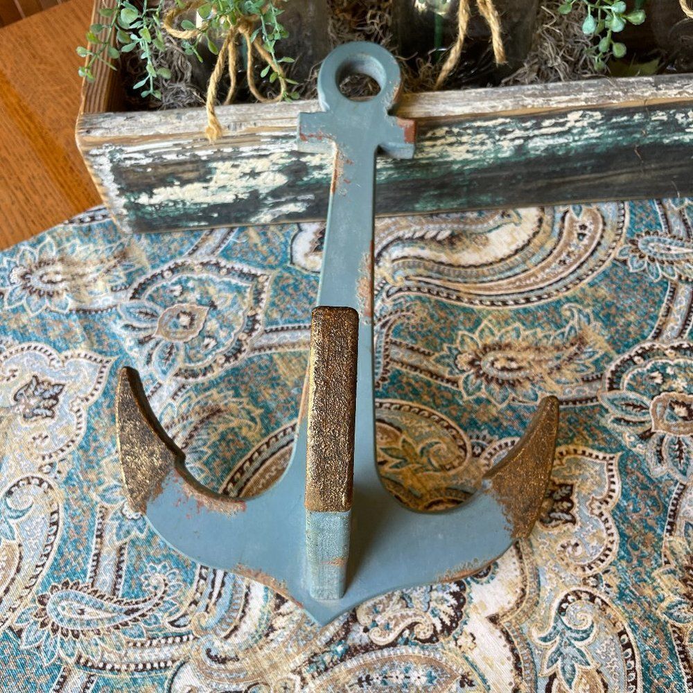 Coat Rack wood hanger nautical anchor distressed slate blue & bronzed accents,